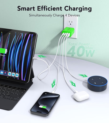 2 Pack USB C Charger, 40W Fast Charge Cube, 4-Port QC+PD Wall Plug,Multi-Port Type C Power Adapter for iPhone 16 15 14 13 12 Pro Max XS XR 8,Galaxy S24,Nexus,HTC,Google Pixel,and More(Green)