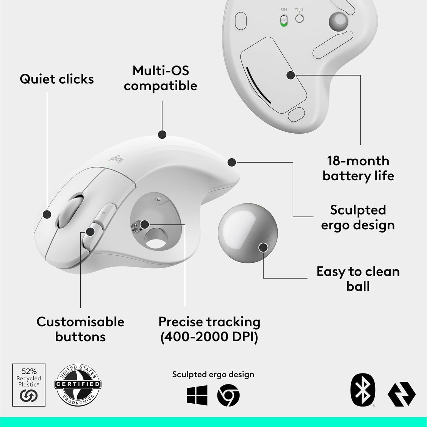 Logitech Ergo M575S Wireless Trackball Mouse, Wireless Ergonomic Mouse with Bluetooth and Encrypted Dongle, Comfortable Thumb Control, Precise and Smooth Tracking, for PC/Mac - Off- White Silver Ball