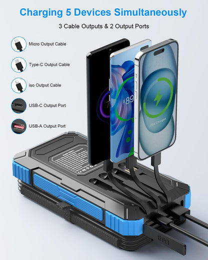 Solar Charger Power Bank 49800mAh with 4 Built-in Cables & 3 Foldable Panels, PD22.5W Fast Portable Phone Charger, External Battery Pack with USB-C in/Output & Flashlight for Outdoor Camping