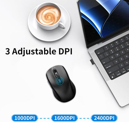 Wireless Mouse Ergonomic, Side Buttons Mouse, 2400 DPI, Silent and Anti Slip Roller Cordless Mice, 2.4Ghz with USB Receiver, 6 Buttons, Suitable for Laptop PC Chromebook and Windows 11/10/7 - Black