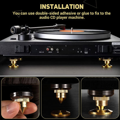 Facmogu 4PCS Golden Speaker Isolation Spikes with Plated Speaker Spikes Pads Mat, Speaker Spikes & Speaker Spike Pad Kit with Double-Sided Adhesive for Subwoofer CD DVD Player Audio Amplifier Recorder