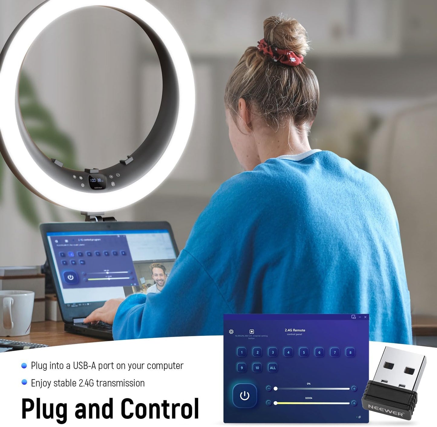 NEEWER 19 inch 2.4G Ring Light with Stand, 3 Phone Holders, 2.4G USB Transmitter for Mac/PC Remote Control, Touch Panel, Smooth Dimming at 1%, 3200K-5600K for Selfie TikTok Live Streaming Zoom, RP19H