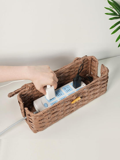 Temary Cable Management Box with Lids, 2-Pack Handmade Cable Organizer Boxes for Home, Office to Hide Cords and Power Strip, Cord Cover Floor Hider Set Woven Rattan Cable Organizer Box (Brown)