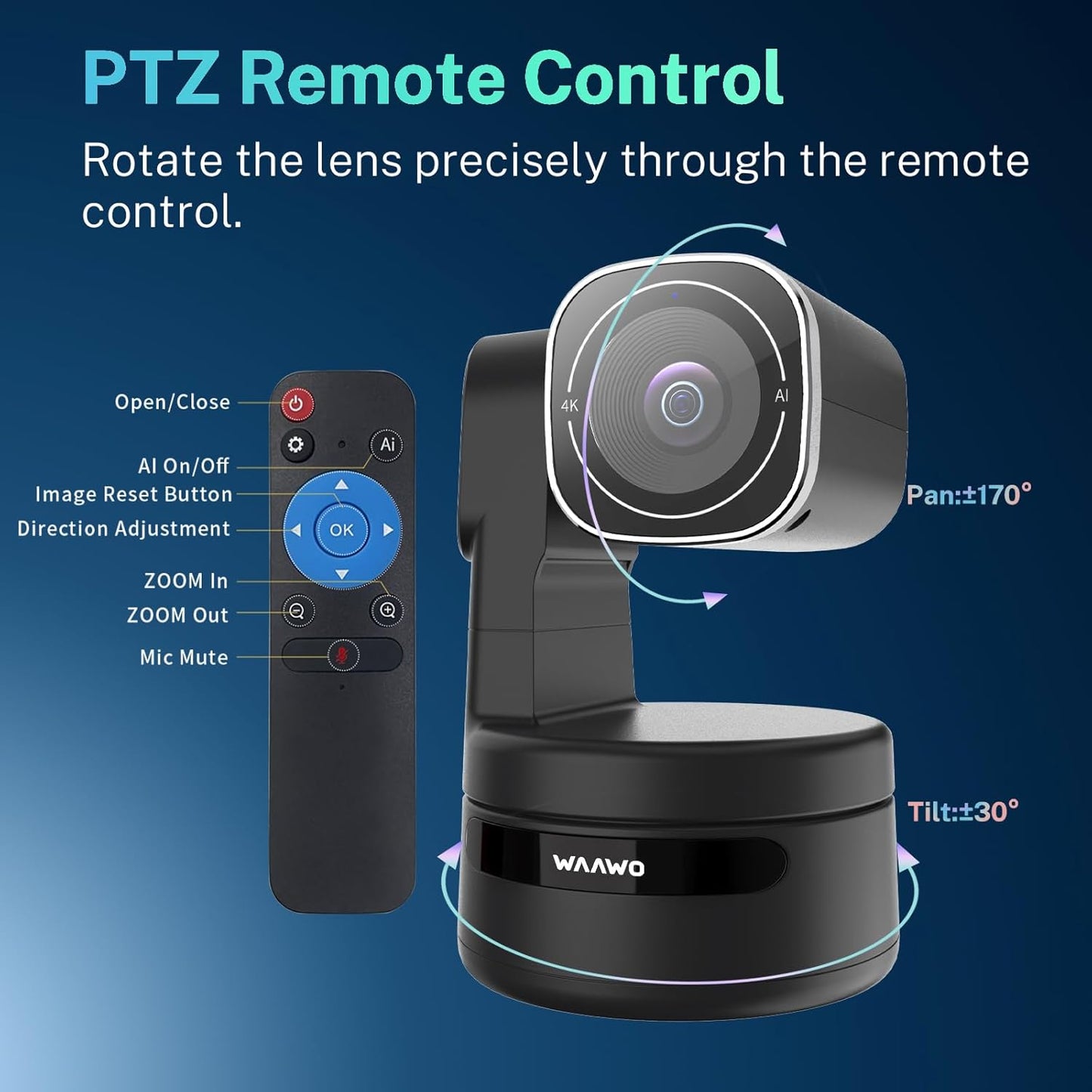 USB C Webcam PTZ Webcam, 4K Streaming Web Camera with Folded Bracket, 3X Digital Zoom with Remote Control, One Click Mute for Privacy Protection, Works with Zoom,OBS,TikTok,YouTube,etc