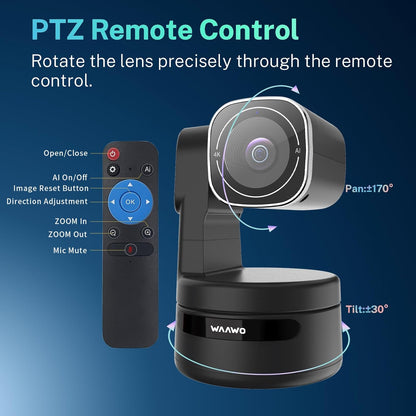 USB C Webcam PTZ Webcam, 4K Streaming Web Camera with Folded Bracket, 3X Digital Zoom with Remote Control, One Click Mute for Privacy Protection, Works with Zoom,OBS,TikTok,YouTube,etc