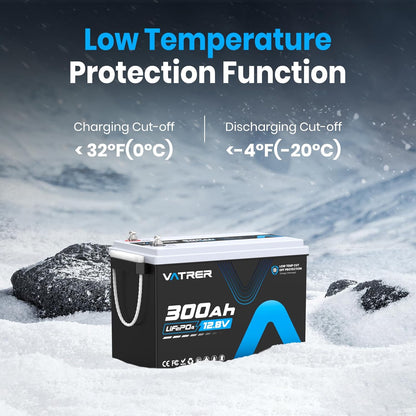 12V 300AH Low Temp Cutoff LiFePO4 Battery, Built in 200A BMS, Max 2560W Power Output, 5000+ Cycles Rechargeable Lithium Deep Cycle Battery, Perfect for RV/Camper, Backup Power, Solar and Off Grid