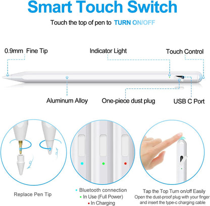 Stylus Pen for iPad 2018-2025 with Palm Rejection, Apple Pencil for Pad11th/10th/9th/8th/7th/6th Gen, iPad Pro 11/12.9 inch, New iPad Air 2025 11&13-inch(M3/2) /5th/4th/3th Gen, iPad mini 6th/5th