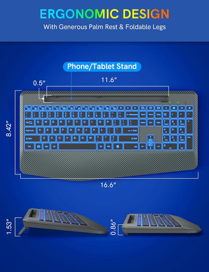 Wireless Keyboard with 7 Colored Backlit, Wrist Rest, Phone Holder, Rechargeable Ergonomic Computer Keyboard with Silent Key, Full Size Lighted Keyboard for Windows, MacBook, PC, Laptop (Gray)
