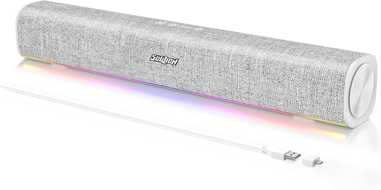 SOULION R100 Bluetooth Computer Speakers with Dynamic LED Light, USB Plug & Play PC Speakers with Switch Button, Clearly Sound Soundbar for Desktop Laptop Monitor White (USB-C to USB Adapter Included)