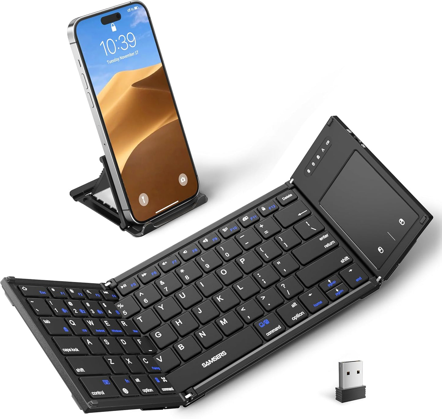 Samsers Foldable Bluetooth Keyboard with Touchpad, Full-Size Dual-Mode Wireless Folding Keyboard, Rechargeable Portable Travel for iOS Windows Android Mac OS, Support 4 Device(BT5.1x3 + 2.4G)