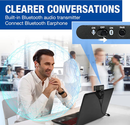 1080P Webcam with Mics, Auto Light Correction, USB Plug&Play, Privacy Cover, Computer Webcam Connect Bluetooth Headset/Earphone/Speaker, Full HD for Business Meetings & Live Streaming