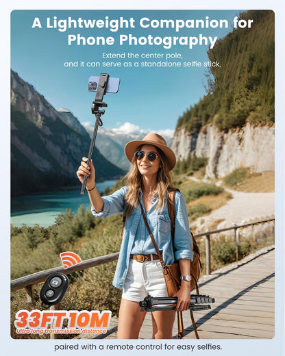73"-Phone-Tripod-with-Horizontal-Overhead, Selfie Stick/Tall Travel Stand with Wireless Remote and iPhone Holder, Mirrorless/Compact/GoPro/Camera/Compatible/iPhone/Smartphone