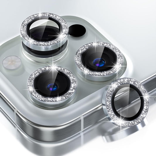 Choiche Compatible for iPhone 16 Pro/iPhone 16 Pro Max Camera Lens Protector Bling, 9H Tempered Glass Camera Cover Screen Protector Metal Ring Decoration Accessories (Glitter-Silver)