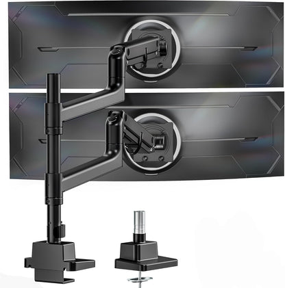 monTEK Dual Monitor Arm for up to 57" and 59.4 lbs Ultrawide Screen, Aluminum Heavy-Duty Gas Spring Vertical Stackable Curved Screen Adjustable Monitor Stand, 75/100mm Vesa Mount, Black