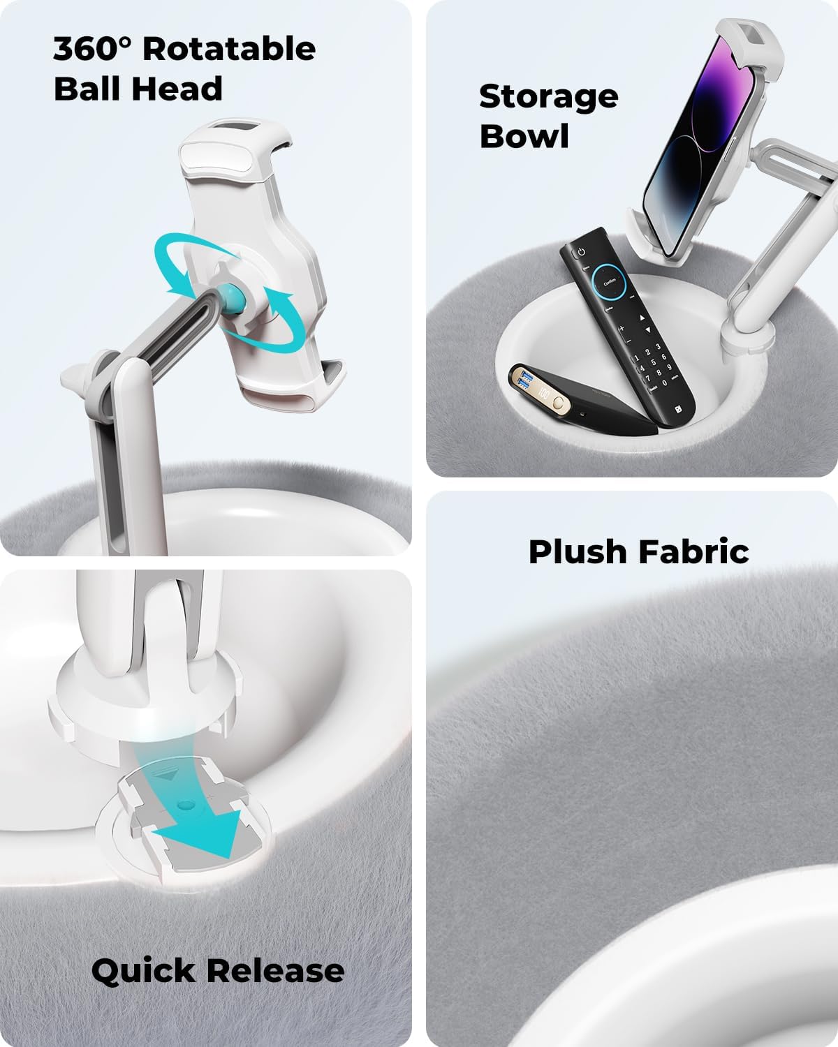 Viozon Tablet Stand Pillow, Compatible with 4.7"-13" Phone/Tablet, iPad, iPhone, Samsung, Google, Kindle, 360°Adjustable Phone Holder for Bed with Soft Plush Fabric, and Detachable Bowl, Grey