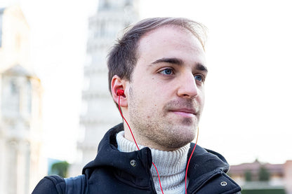 LUDOS Ultra Wired Earbuds in-Ear Headphones, 5 Years Warranty, Earphones with Microphone, Noise Isolating Ear Buds, Memory Foam for iPhone, Samsung, School Students, Kids, Women, Small Ears - Red