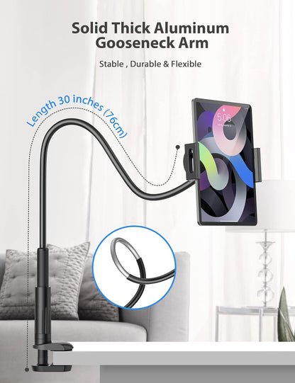 Tablet Stand Holder for Bed, Gooseneck Mount with Adjustable Flexible Arm Compatible with iPad Air Pro Mini, Samsung Tab, Nintendo Switch Kindle Other 4.7"-12.9" Device