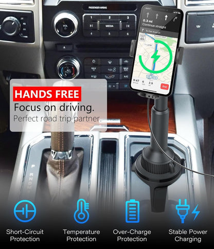 APPS2Car Car Cup Phone Holder Wireless Charger with QC 3.0 Adapter, 15 Watt Qi Fast Charging, Compatible with iPhone 11/12/13/14/15/16/Pro/Max/Plus and Universal All Models Phone Holder