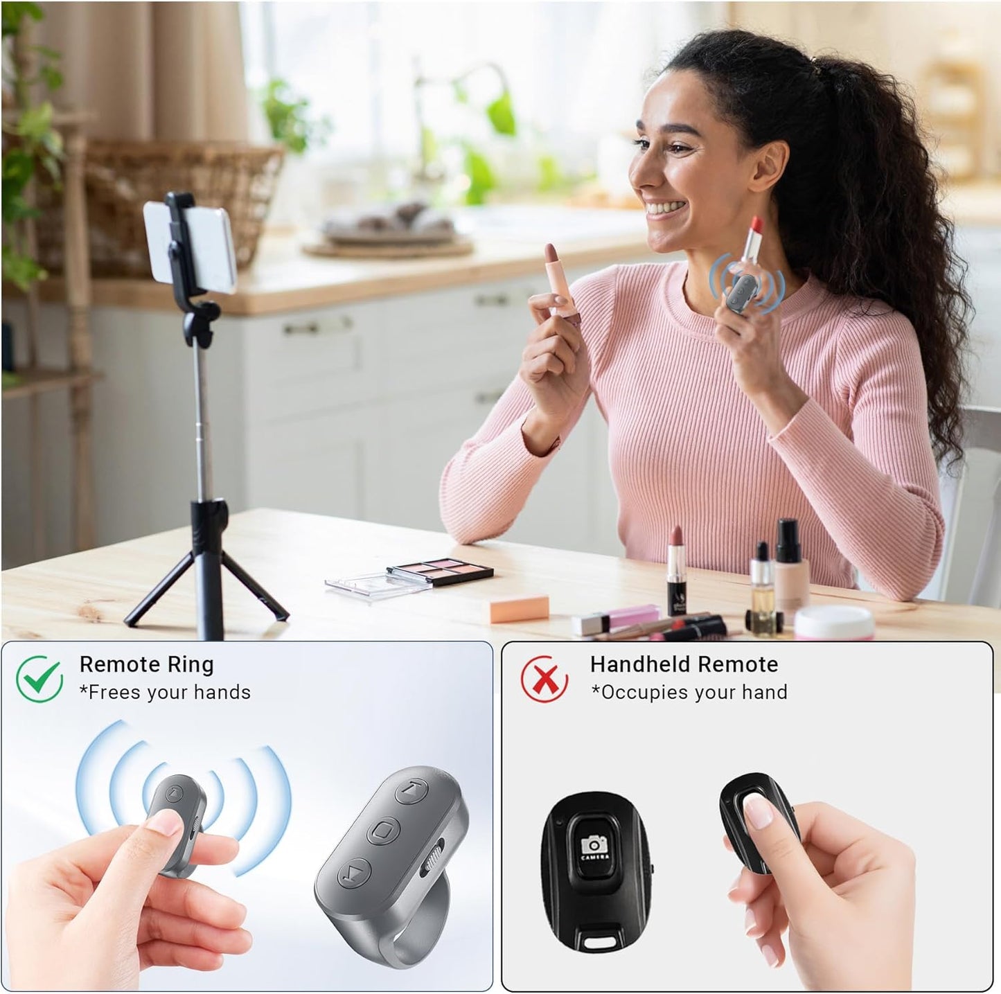 Phone Camera Ring Remote Control with Zoom in/Out, Rechargeable Shutter with Front/Rear Camera Switch for iPhone Android iPad, Hands Free Remote Ring for Photo & Video Recording Content Creator