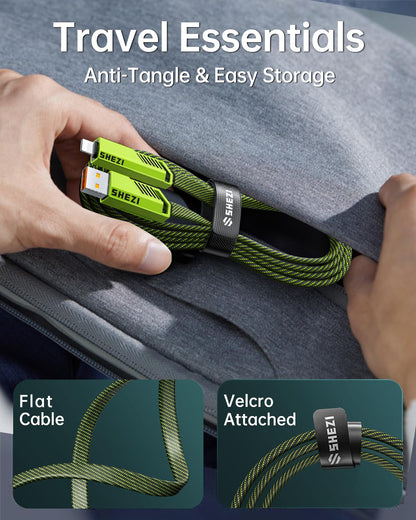 SHEZI [Upgraded 2.0 4-in-1 USB C Cable 60W 5FT Fast Charging [480Mbps Data Transfer] Flat Nylon Braided Charger Cord Combo, USB A/C to C/L Multi Charge Cable for iPhone/iPad & Most Devices, Green