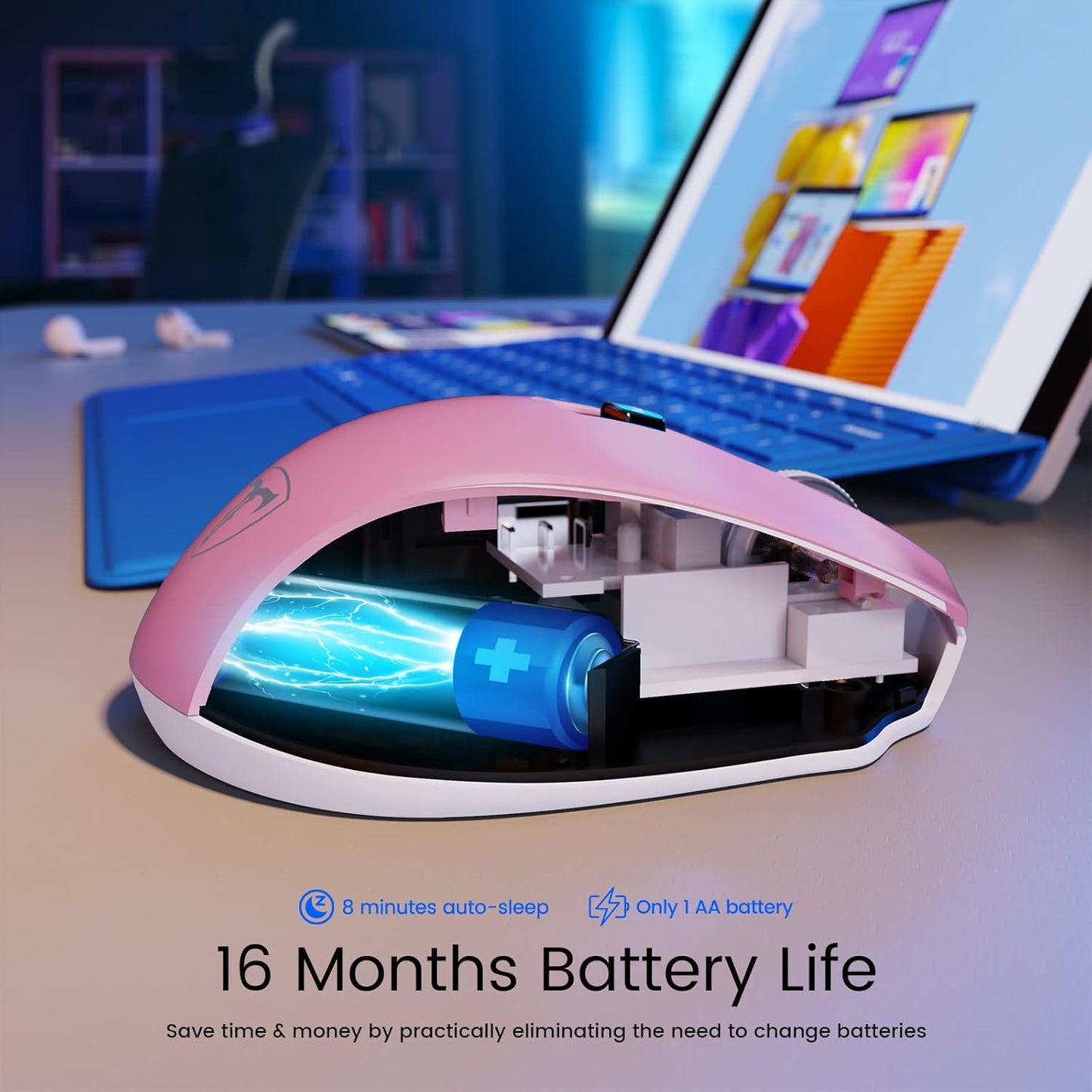 D-09 Wireless Mouse for Laptop - Ergonomic Plus Computer USB Cordless Mice, Ergo Grips, Lightspeed 5-Level 2400 DPI, 16 Months Battery, Portable for PC Mac Chromebook, 6 Button, Flamingo Pink