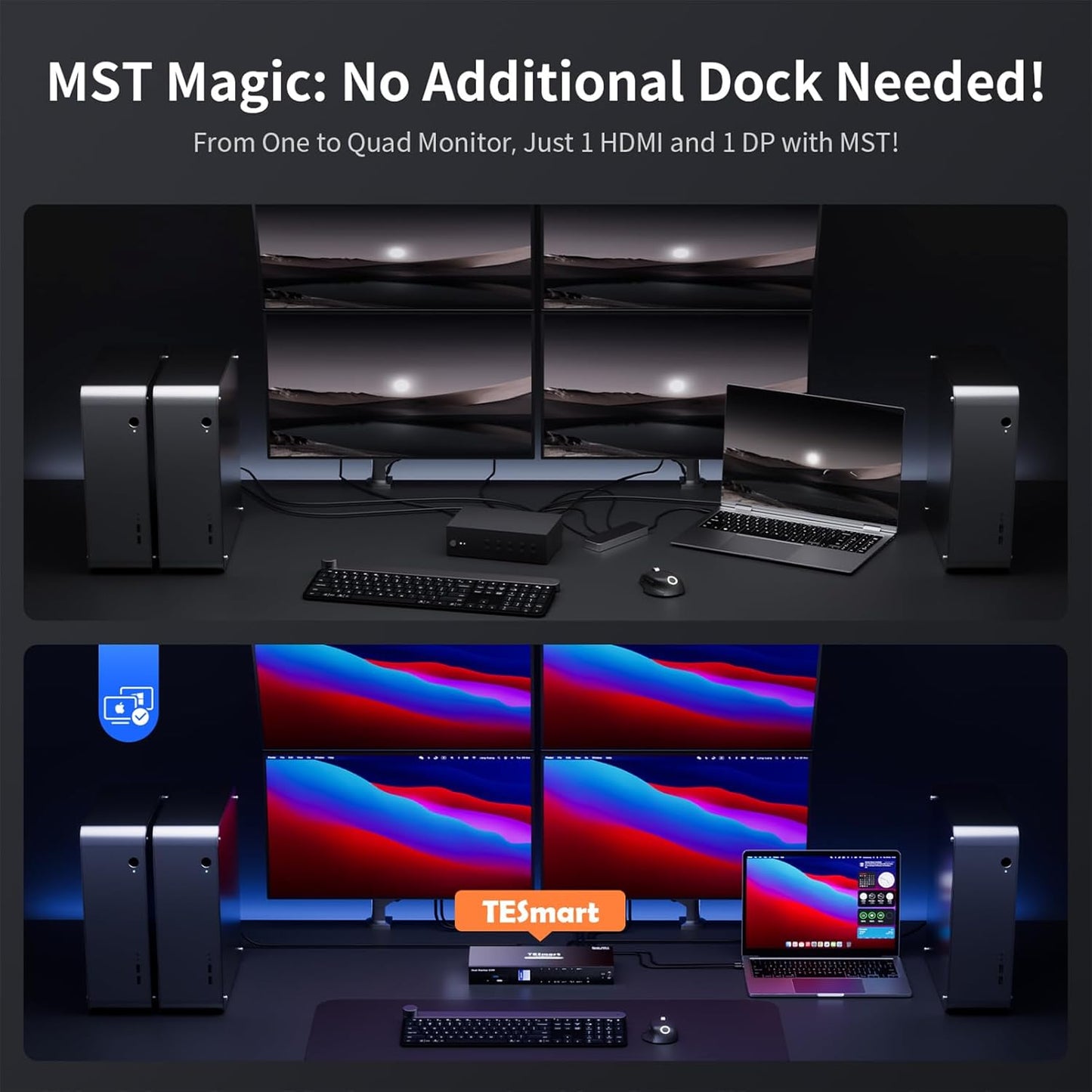 TESmart Quad Monitor HDMI+DP MST KVM Switch 4 Monitors 4 Computers 4K@60Hz, USB 3.0 KVM Docking Station, Audio&Microphone, EDID emulators, Hotkey Switch, Rack-Ears, with Input Cables