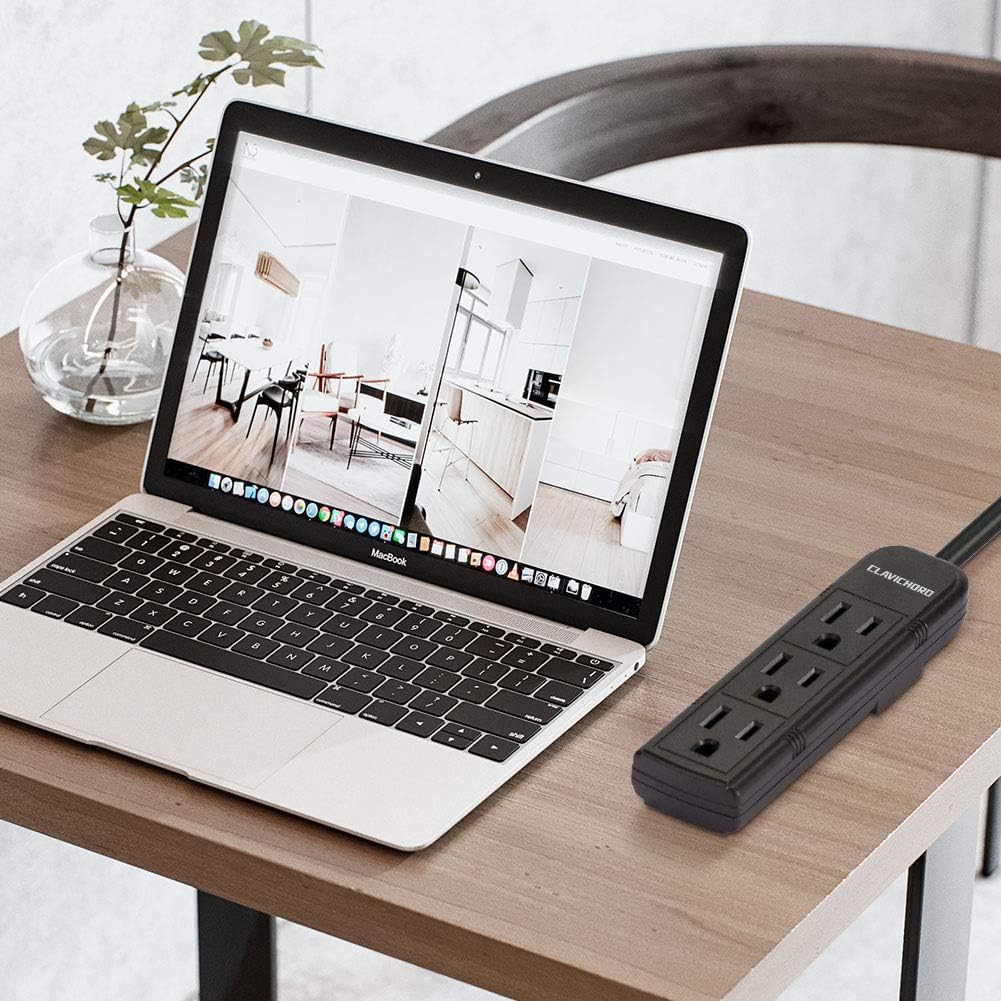 Power Strip with Flat Plug - 3 Ground Outlets 7 Inch Heavy Duty Braided Extension Cord Flat Plug Mountable Outlet Strip for Computer/Home/Office