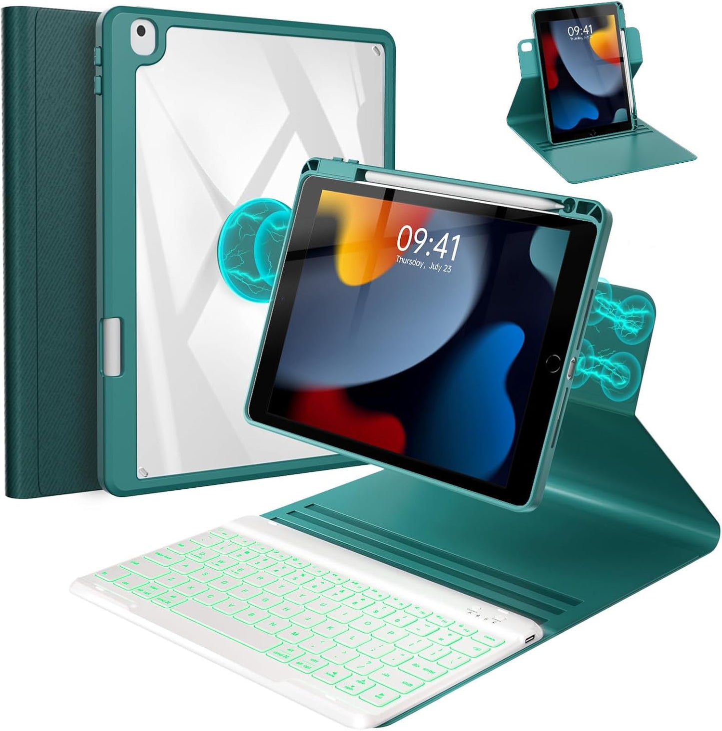 BLUTLOTUS for iPad iPad 9th 8th 7th Generation Case with Keyboard - 360° Rotatable Magnetic Folio Cover 2021/2020/2019, 7 Color Backlit Detachable Keyboard with Pencil Holder - Teal