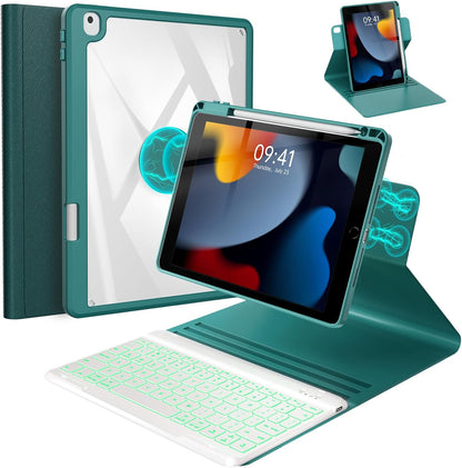 BLUTLOTUS for iPad iPad 9th 8th 7th Generation Case with Keyboard - 360° Rotatable Magnetic Folio Cover 2021/2020/2019, 7 Color Backlit Detachable Keyboard with Pencil Holder - Teal