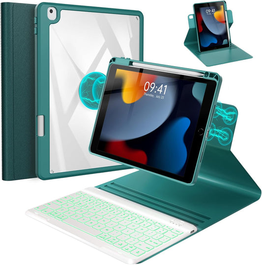 BLUTLOTUS for iPad iPad 9th 8th 7th Generation Case with Keyboard - 360° Rotatable Magnetic Folio Cover 2021/2020/2019, 7 Color Backlit Detachable Keyboard with Pencil Holder - Teal
