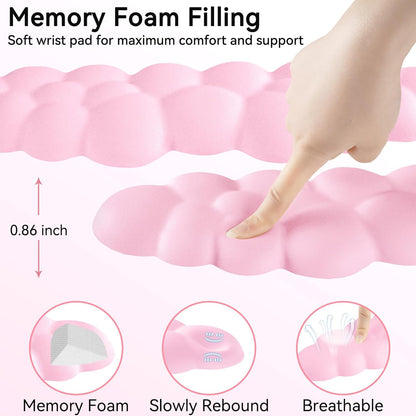 Cloud Wrist Rest for Computer Keyboard, 4-in-1 Memory Foam Leather Cloud Keyboard Wrist Rest and Mouse Pad Set with Ergonomic Support for Arm and Palm Cushion, Gaming/Work Setup, Pink