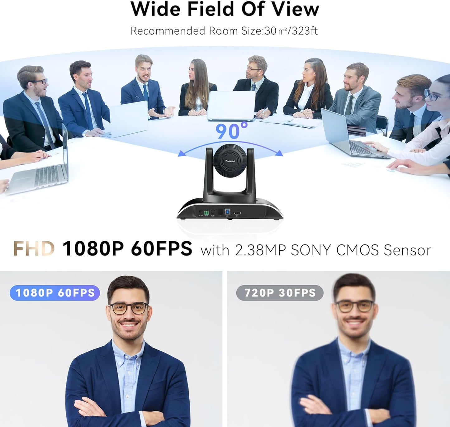 Tenveo 12X Optical Zoom PTZ Conference Camera USB3.0/HDMI 90° Wide View Angle, FHD 1080P 60FPS for Video Conferencing Business Meeting Church Services Worship Education Zoom Teams OBS
