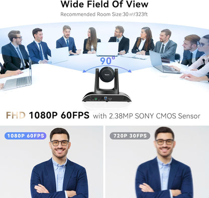 Tenveo 12X Optical Zoom PTZ Conference Camera USB3.0/HDMI 90° Wide View Angle, FHD 1080P 60FPS for Video Conferencing Business Meeting Church Services Worship Education Zoom Teams OBS
