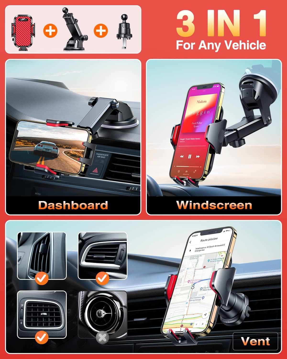 VANMASS [Longest Lasting] True Military-Grade Car Phone Holder Strongest Suction & Clip Cell Mount Dashboard Windshield Vent Automobile Cradle Truck Accessories for iPhone 16 15 Pro Max 14 13 Android