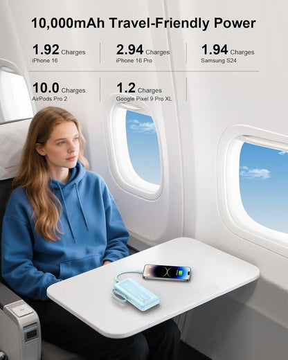 Portable Charger with Built in Cables, Slim 10000mAh Fast Charging 22.5W Power Bank USB C LED Display Battery Pack 6 Outputs & 2 Inputs for iPhone Samsung Pixel LG Moto iPad