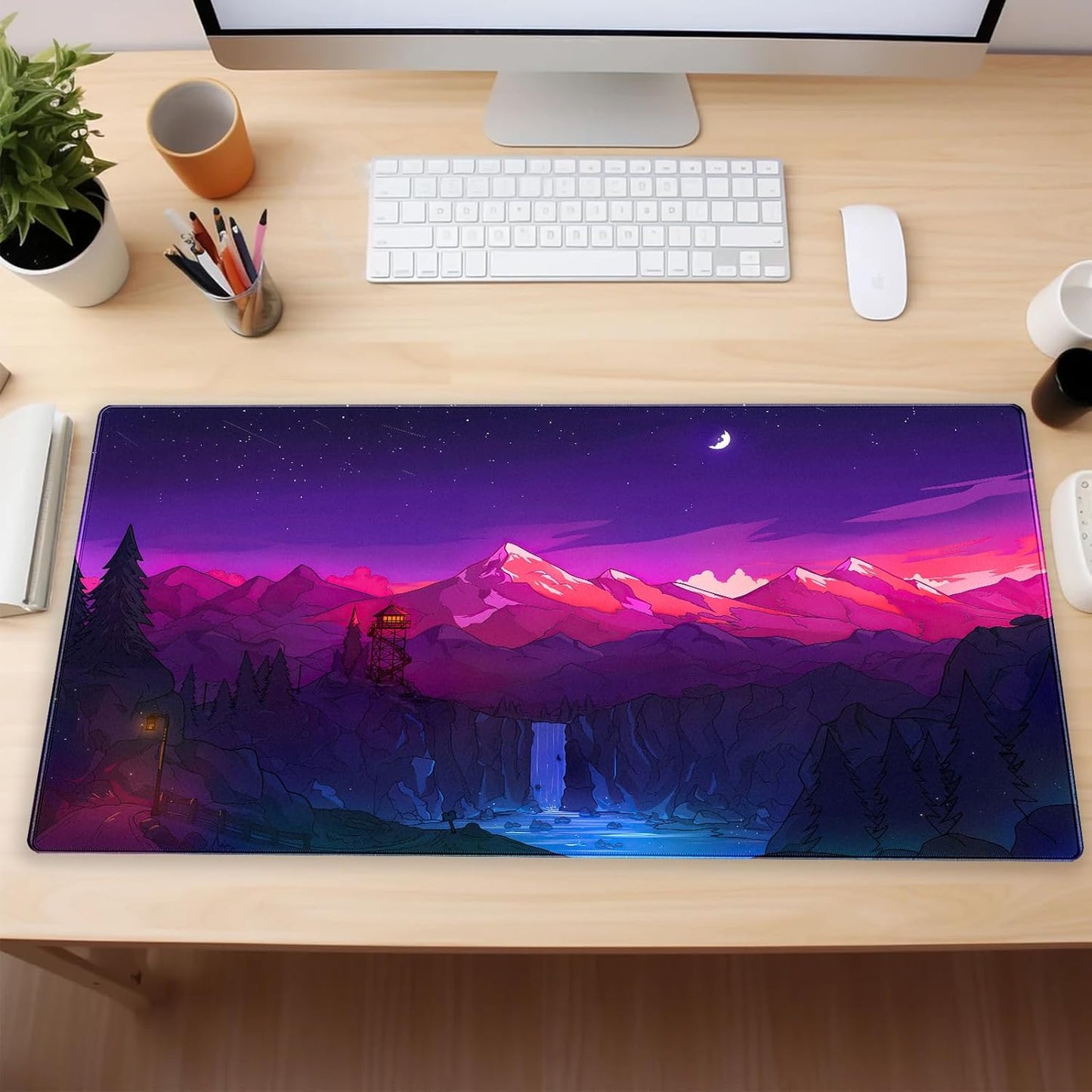 Purple Mouse Pad Pink Desk Mat Gaming Mousepad XXL Computer Pad 31.5 x 15.7 Inch Full Desk Mouse and Keyboard Pad Anime Game Mouse Mat with Stitched Edge Anti-Slip Washable for Office and Home