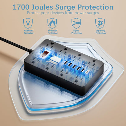 Power Strip with USB Ports, HUNIAN 5 Ft Extension Cord Flat Plug with 8 Outlets, 6 USB Charger(1 USB C Port), Indoor Desk Charging Station Surge Protector for Home and Office Accessories, Black