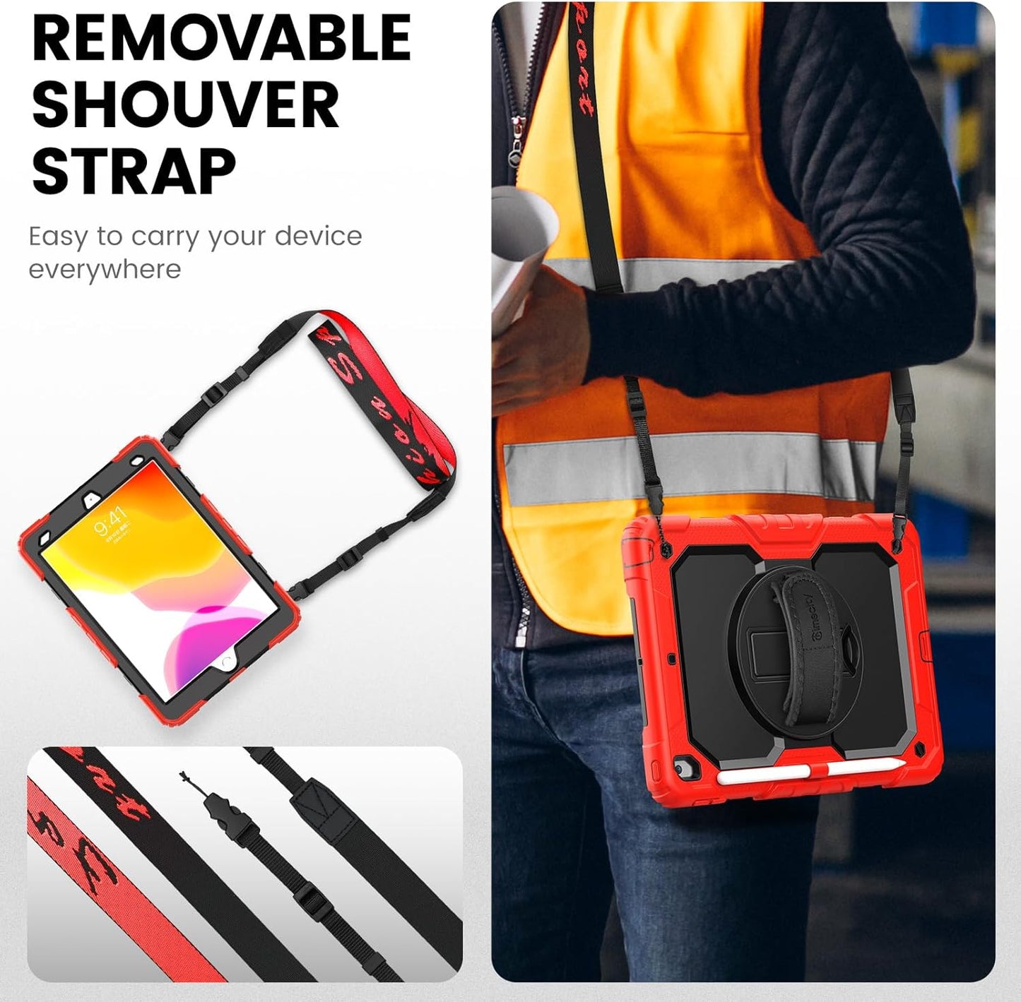 Timecity Case for iPad 9th/ 8th/ 7th Generation 10.2 inch - Heavy Duty Protective Cover with Screen Protector, Rotating Stand, Shoulder Strap & Pencil Holder | Kids-Friendly (Red)