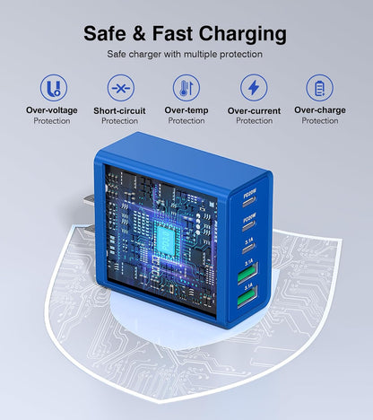 50W USB C Fast Charger Cube,2 Pack PD+QC Charging Block Power Adapter 5 Port Wall Mount Plug for iPhone 16 15 14 13 12, Motorola, LG, Google Pixel 6a/6 Pro/6/5a/5/4/4A Box Brick (Dark Blue)