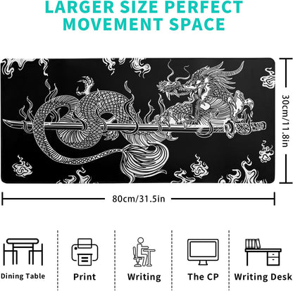 Dragon Gaming Mouse Pad - Black, Large (31.5x11.8 Inch), Non-Slip Base, Stitched Edge for Gaming & Office