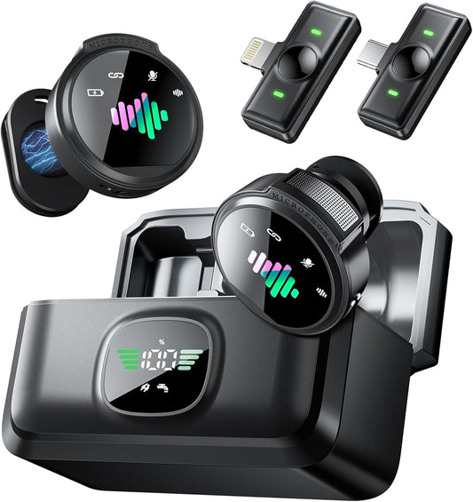 Wireless Lavalier Microphone for iPhone: 2PCS Mini Wireless Microphones for Android Equipment - Noise Reduction Lapel Mic for Professional Recording - 80h Battery Life - 48KHz Studio Sound