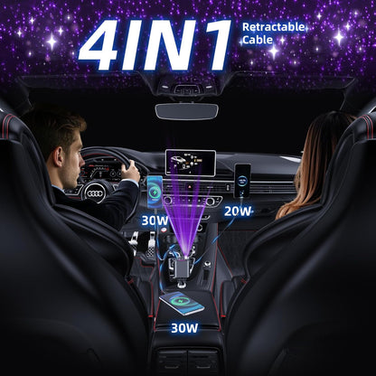 [2025 Ultra-Slim, 75% Less Space] Retractable Car Charger with Starlight, Max 120W USB C Car Charger Adapter, Cars Phone Chargers Fast Charging, Car Chargers for iPhone 16 15 Pro Max Plus and Android