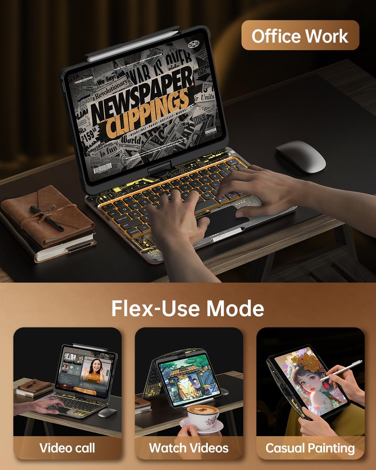 Intermerge Clear Keyboard Case for iPad Air 13" (M3/M2, 2025/2024) & Pro 12.9" (2022-2018) - 360° Rotatable Trackpad, RGB Backlit Keyboard, Pencil Holder, Power Indicator, Type-C, Shadow Pulse