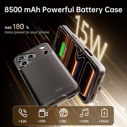Battery Case for iPhone 17 Pro Max, Charging Case Charger 8500mAh Ultra-Slim Lightweight Powerful Battery Pack 15W Fast Rechargeable Anti-Fall TPU Juice Box for iPhone 17 Pro Max (6.9") Black