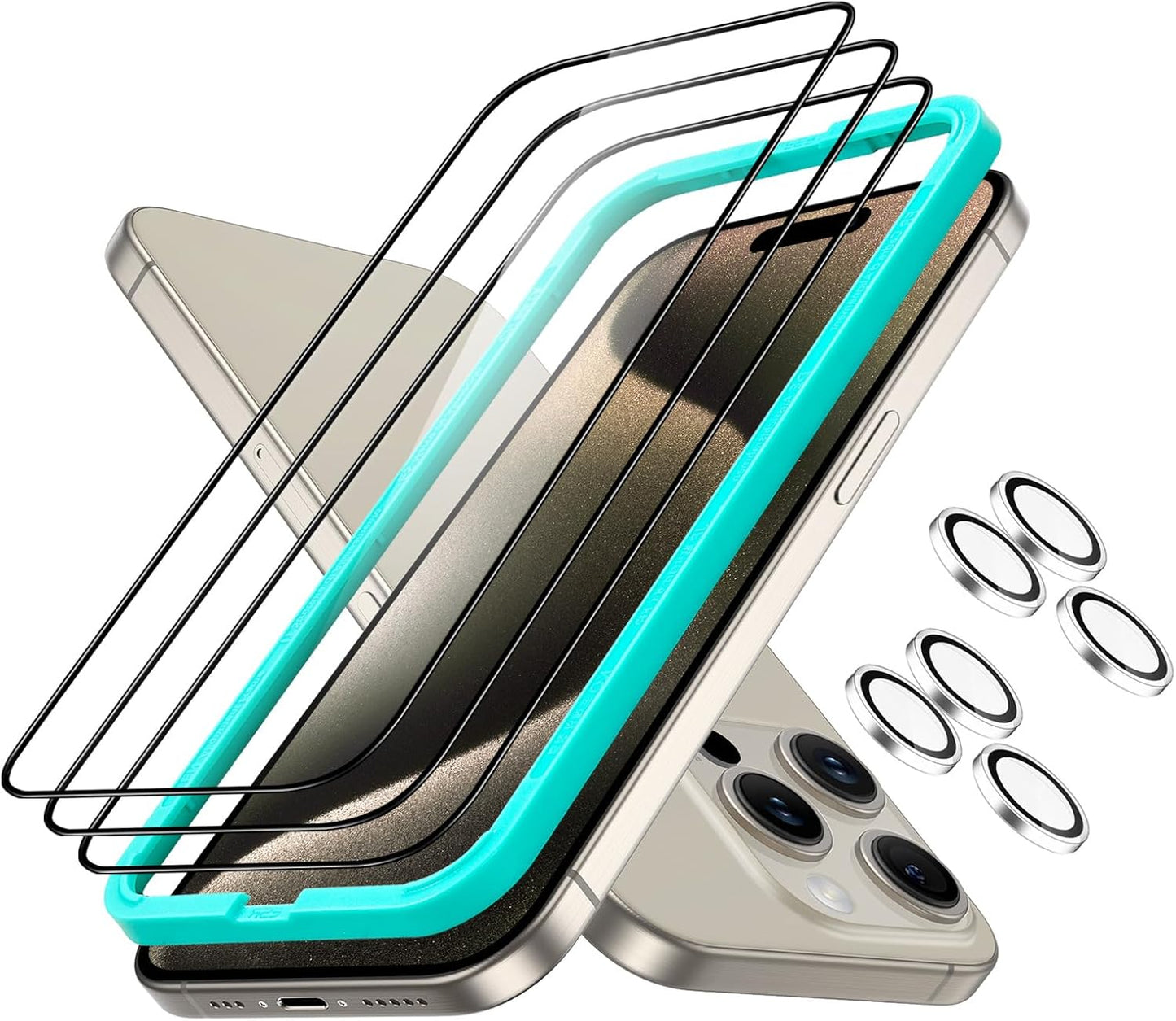 ESR 3+2 Pack for iPhone 15 Pro Max Screen Protector, [9H Hardness] [Military Grade Shatterproof] Full Coverage Ultra-tough Tempered Glass Film, Easy Installation Frame, 2 Set of Camera Lens Protector