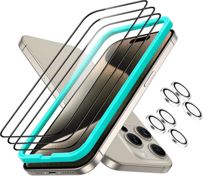 ESR 3+2 Pack for iPhone 15 Pro Screen Protector, [9H Hardness] [Military Grade Shatterproof] Full Coverage Ultra-tough Tempered Glass Film with Easy Installation Frame, 2 Set of Camera Lens Protector