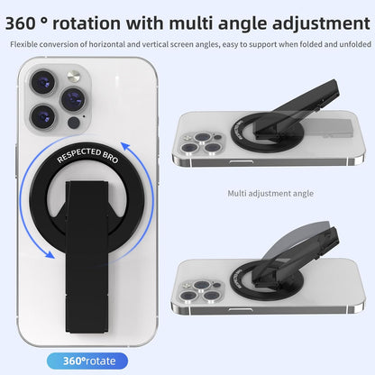 Magnetic-Phone-Grip-Stand, Magnetic Phone Ring Holder Kickstand with Silicone Finger Strap, Compatibility for iPhones, Androids, and More (Black)