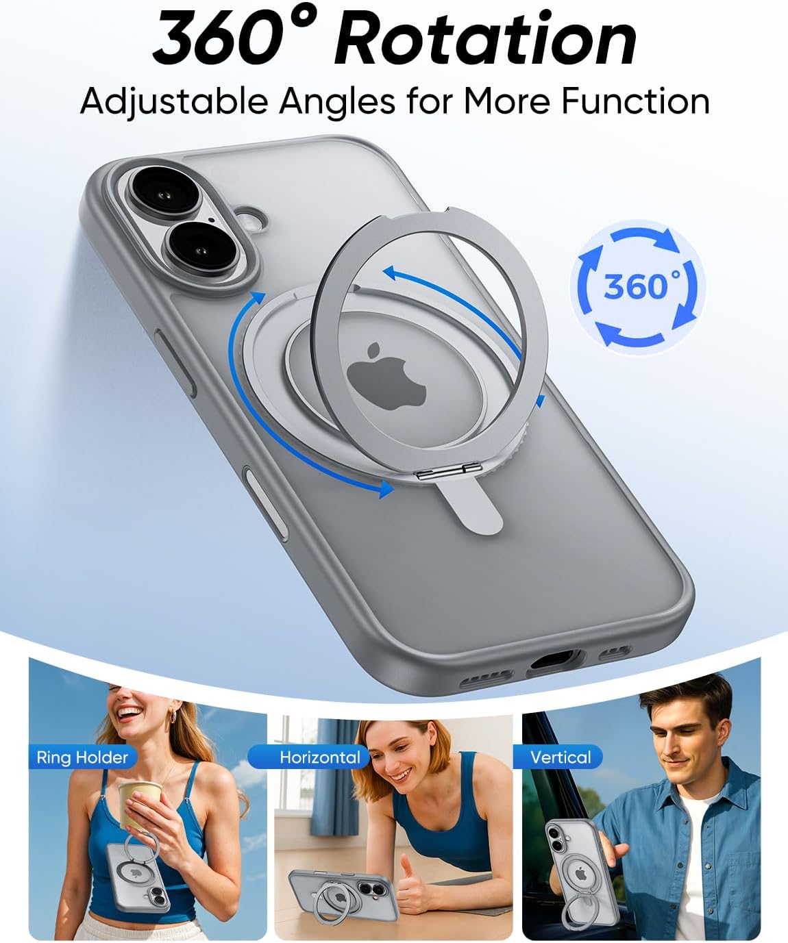 MAGIC JOHN 360° Rotatable Magnetic Invisible Stand for iPhone 16 Case [Camera Control Button] [Compatible with MagSafe] 16FT Shockof for iPhone 16 Case with Kickstand, Gray