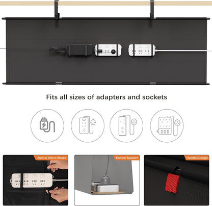 Under Desk Cable Management Tray - 48" Cord Organizer for Desk No Drill, Fabric Under Table Wire Organizer with 16X Cable Ties Hide for Office/Home, Cord Hider Fits Adapters & Sockets, Black