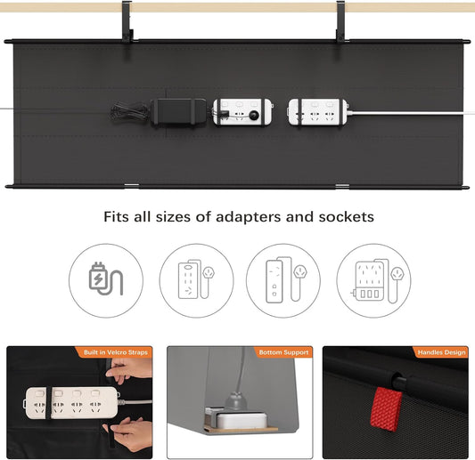 Under Desk Cable Management Tray - 48" Cord Organizer for Desk No Drill, Fabric Under Table Wire Organizer with 16X Cable Ties Hide for Office/Home, Cord Hider Fits Adapters & Sockets, Black
